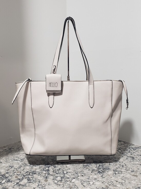 Rae Dunn Handbags - Rae Dunn White Pebbled Leather Large Tote Bag w/ Mini Bag Charm